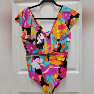 Trina Turk Gemini Floral Ruffle Tie Back Women's One Piece Swimsuit Size 14 NWT